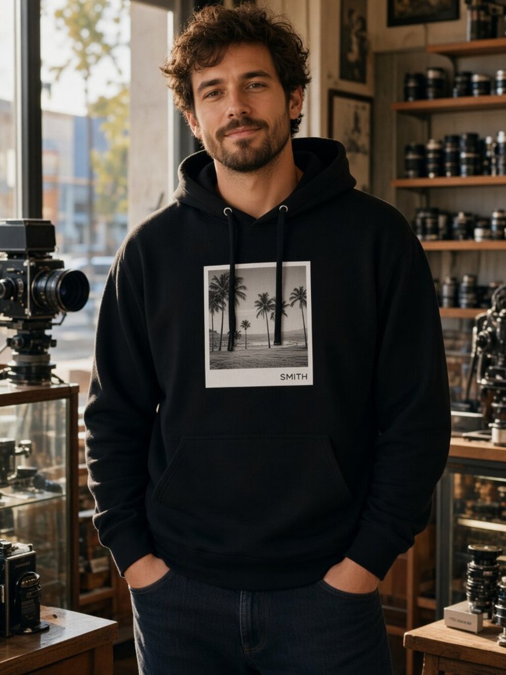 Smith Men Black Breaker Pullover Hoodie Polaroid Palm Print Kangaroo Pocket US M